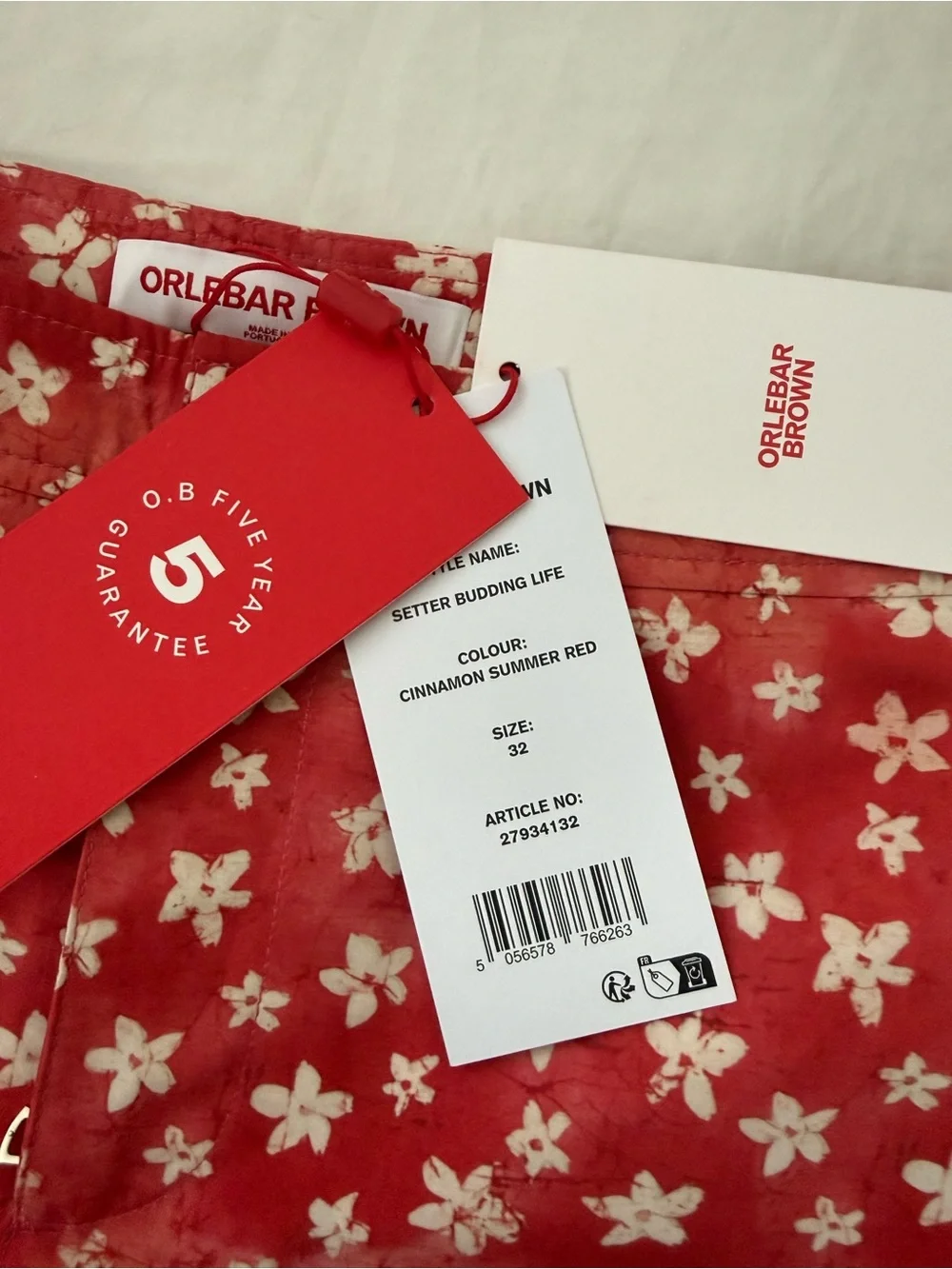 Orlebar Brown Red Floral Print Fabric with White Blossoms